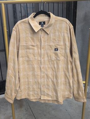 Men's Converse Beige Holiday Plaid Button-down Warm Shirt Size Medium NWOT